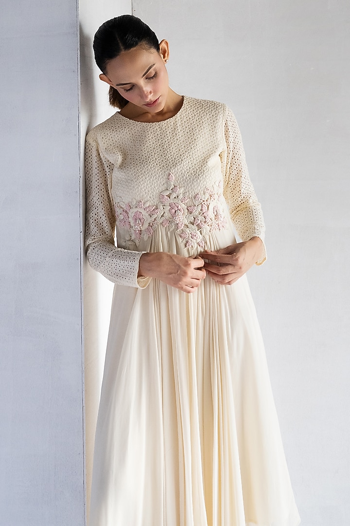 Off-White Crochet Thread & Pearl Hand Embroidered Tunic by Bharat Adiani at Pernia's Pop Up Shop