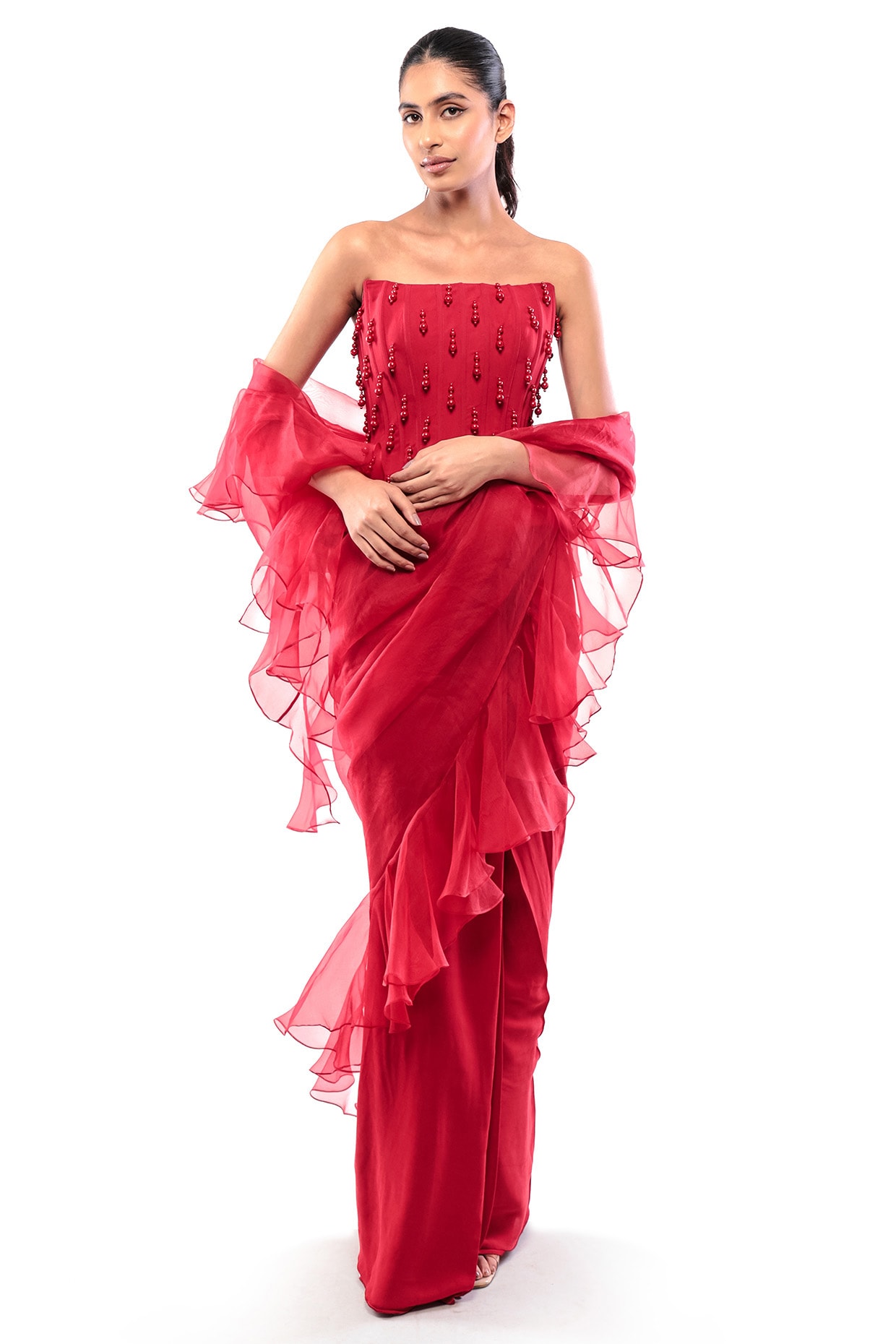 Bharat Adiani Red Silk Organza Pre-Draped Ruffled Saree Set