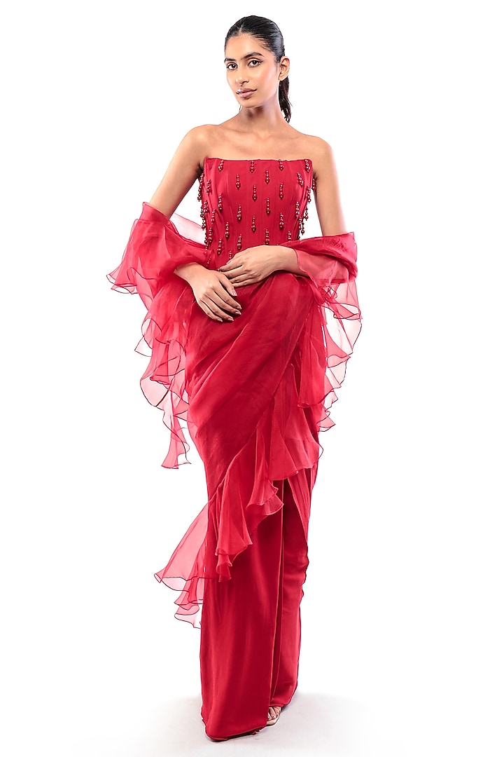 Red Silk Organza Pre-Draped Ruffled Wedding Saree Set by Bharat Adiani at Pernia's Pop Up Shop