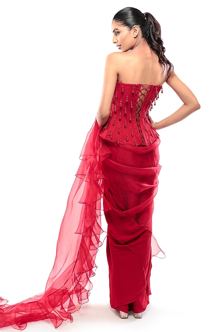 Red Silk Organza Pre-Draped Ruffled Wedding Saree Set by Bharat Adiani at Pernia's Pop Up Shop