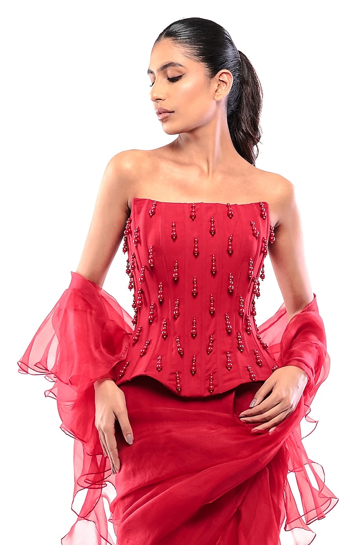 Red Silk Organza Pre-Draped Ruffled Wedding Saree Set by Bharat Adiani at Pernia's Pop Up Shop