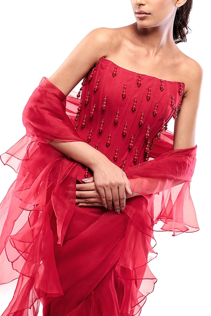 Red Silk Organza Pre-Draped Ruffled Wedding Saree Set by Bharat Adiani at Pernia's Pop Up Shop