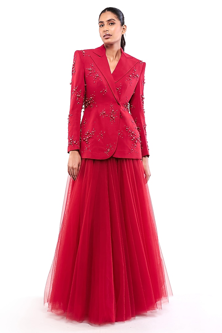 Red Tulle Flared Skirt Set by Bharat Adiani at Pernia's Pop Up Shop