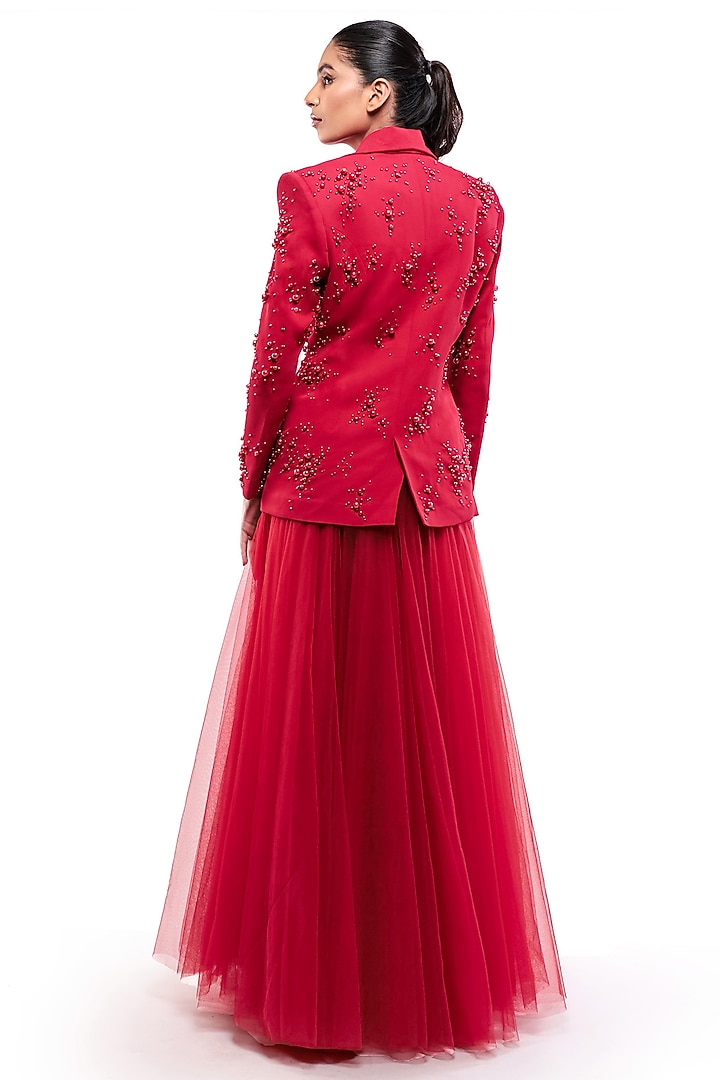 Red Tulle Flared Skirt Set by Bharat Adiani at Pernia's Pop Up Shop