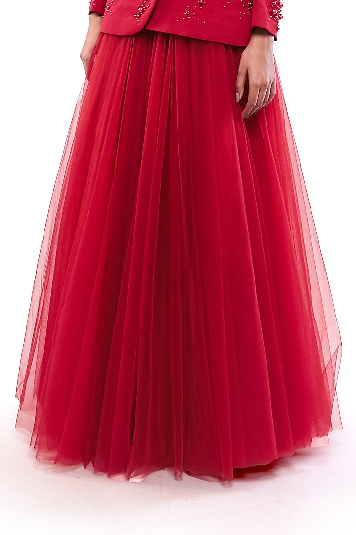 Red Tulle Flared Skirt Set by Bharat Adiani at Pernia's Pop Up Shop
