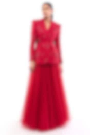 Red Double Georgette Pearl Embellished Blazer by Bharat Adiani at Pernia's Pop Up Shop