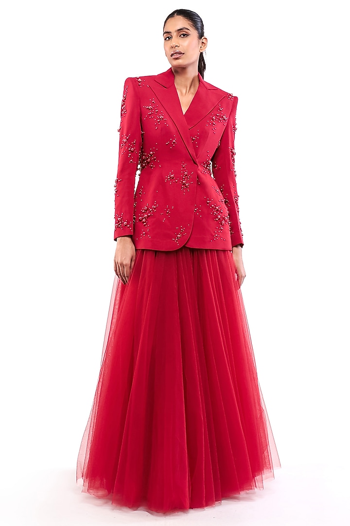 Red Double Georgette Pearl Embellished Blazer by Bharat Adiani at Pernia's Pop Up Shop