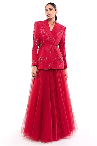Red Double Georgette Pearl Embellished Blazer by Bharat Adiani