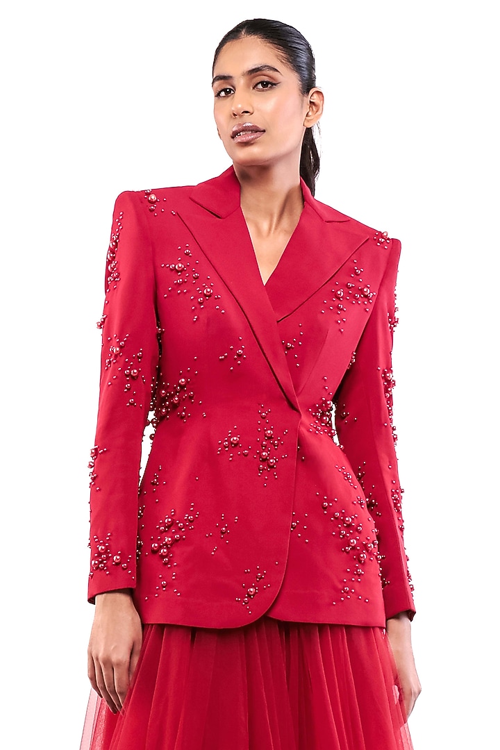 Red Double Georgette Pearl Embellished Blazer by Bharat Adiani at Pernia's Pop Up Shop