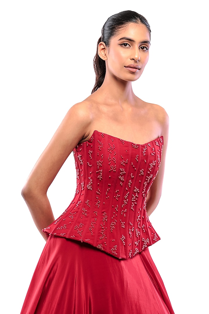 Red Natural Crepe Wedding Lehenga Set by Bharat Adiani at Pernia's Pop Up Shop