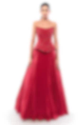 Red Double Georgette Pearl Embellished Corset by Bharat Adiani at Pernia's Pop Up Shop