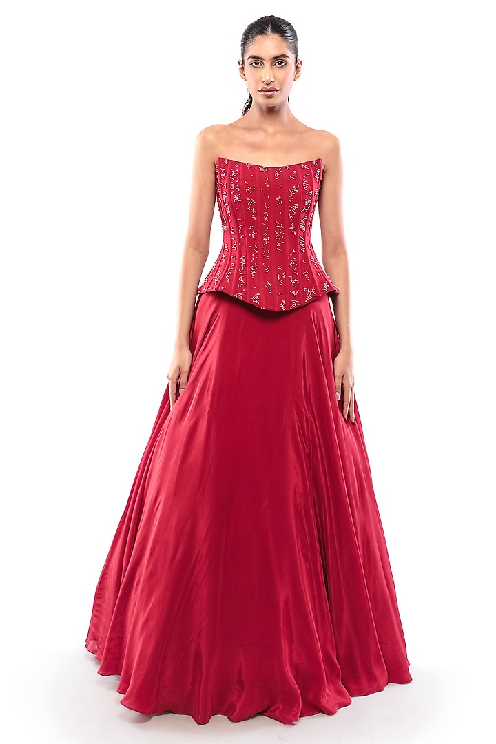Red Double Georgette Pearl Embellished Corset by Bharat Adiani at Pernia's Pop Up Shop