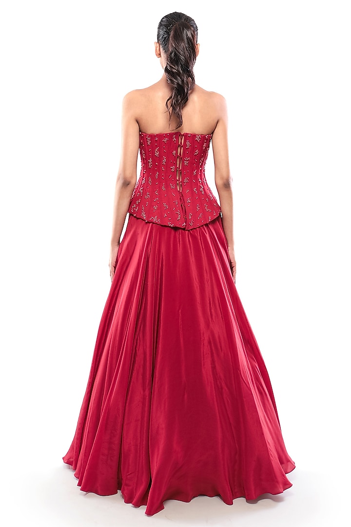Red Double Georgette Pearl Embellished Corset by Bharat Adiani at Pernia's Pop Up Shop