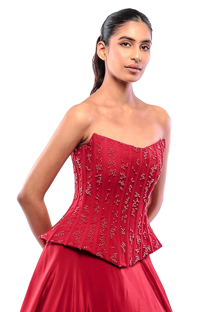 Red Double Georgette Pearl Embellished Corset by Bharat Adiani at Pernia's Pop Up Shop