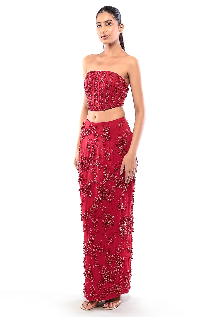 Red Double Georgette Bodycon Skirt Set by Bharat Adiani at Pernia's Pop Up Shop