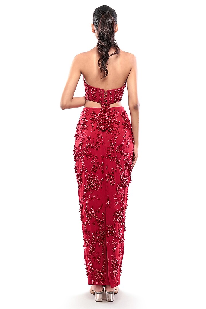 Red Double Georgette Bodycon Skirt Set by Bharat Adiani at Pernia's Pop Up Shop