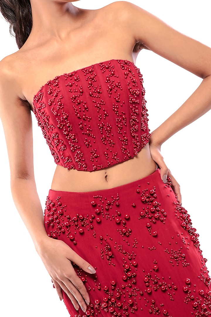 Red Double Georgette Bodycon Skirt Set by Bharat Adiani at Pernia's Pop Up Shop