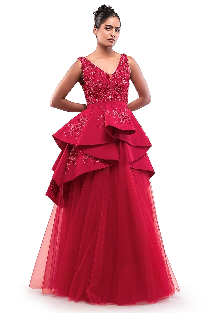 Red Tulle Flared Skirt Set by Bharat Adiani at Pernia's Pop Up Shop
