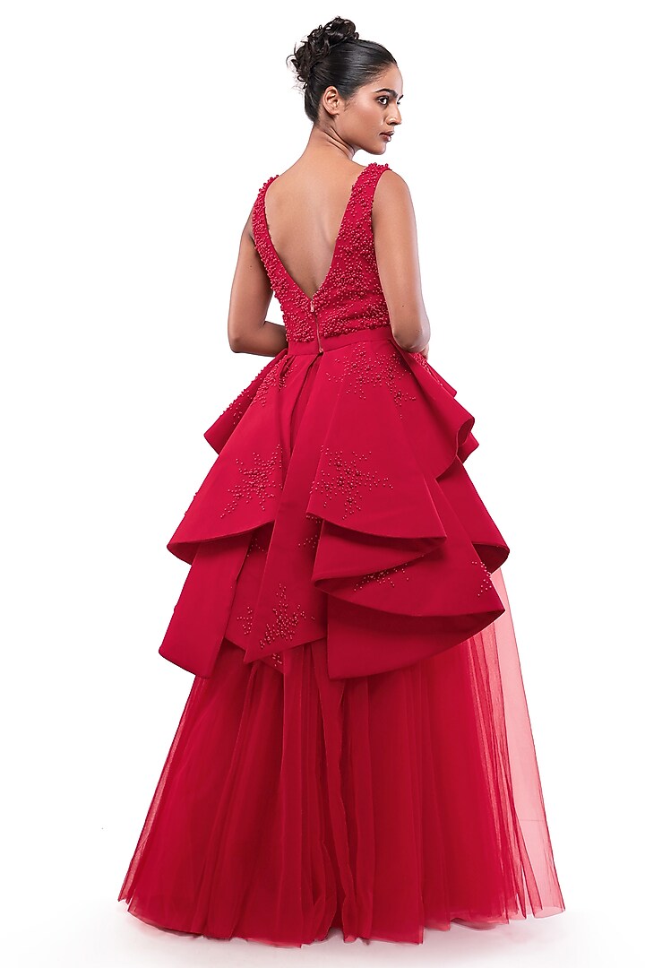 Red Tulle Flared Skirt Set by Bharat Adiani at Pernia's Pop Up Shop
