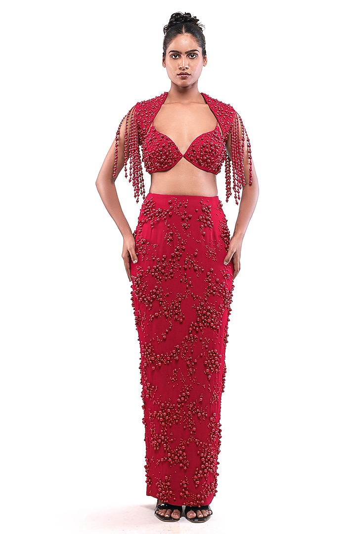 Red Double Georgette Pearl Embellished Bodycon Skirt Set by Bharat Adiani at Pernia's Pop Up Shop