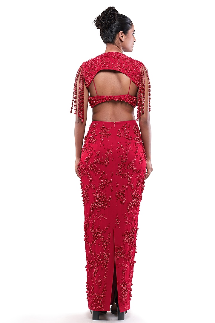 Red Double Georgette Pearl Embellished Bodycon Skirt Set by Bharat Adiani at Pernia's Pop Up Shop