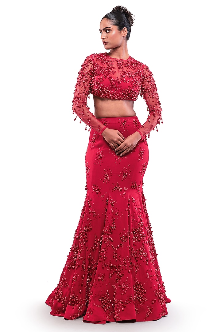 Red Tulle Pearl Embellished Mermaid Wedding Lehenga Set by Bharat Adiani at Pernia's Pop Up Shop
