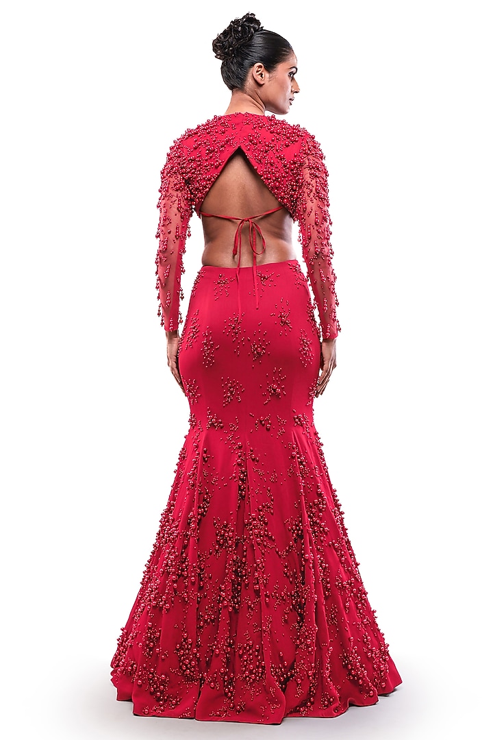 Red Tulle Pearl Embellished Mermaid Wedding Lehenga Set by Bharat Adiani at Pernia's Pop Up Shop