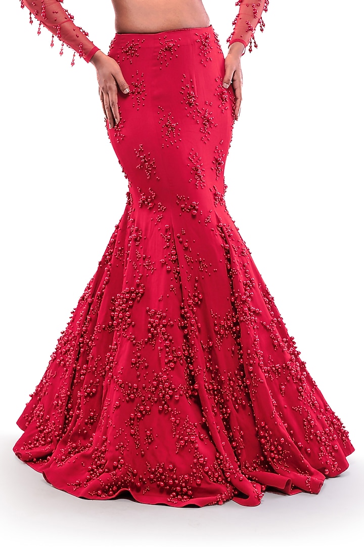 Red Tulle Pearl Embellished Mermaid Wedding Lehenga Set by Bharat Adiani at Pernia's Pop Up Shop