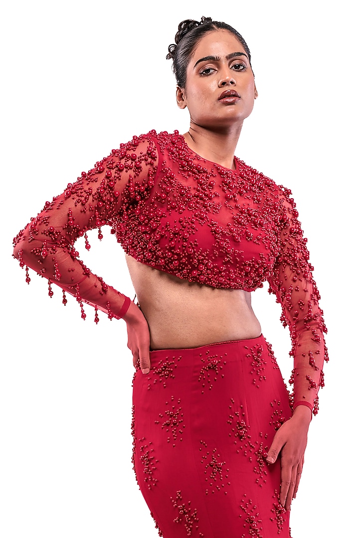 Red Tulle Pearl Embellished Mermaid Wedding Lehenga Set by Bharat Adiani at Pernia's Pop Up Shop