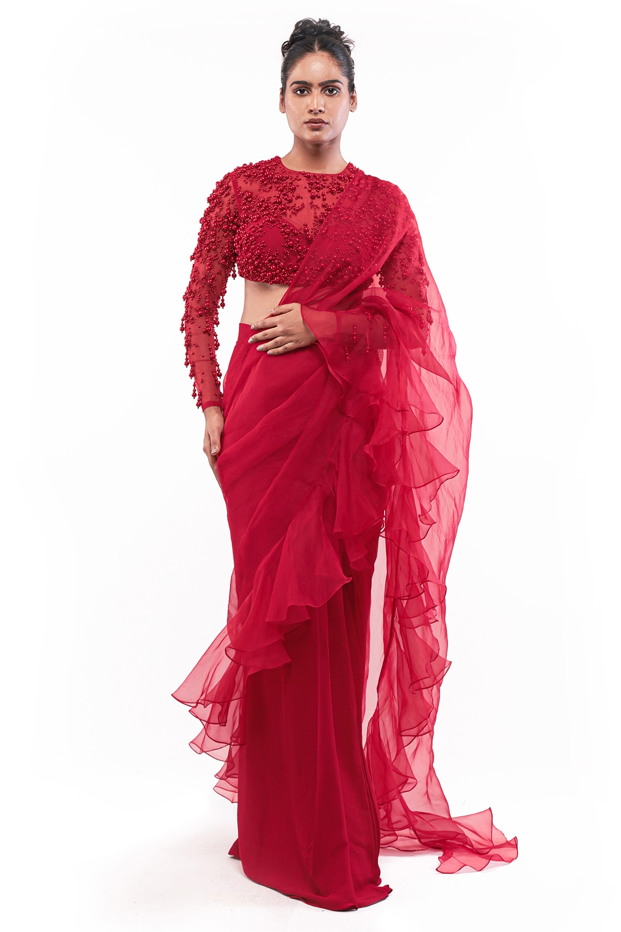 Bharat Adiani Red Silk Organza Pre-Draped Ruffled Saree Set