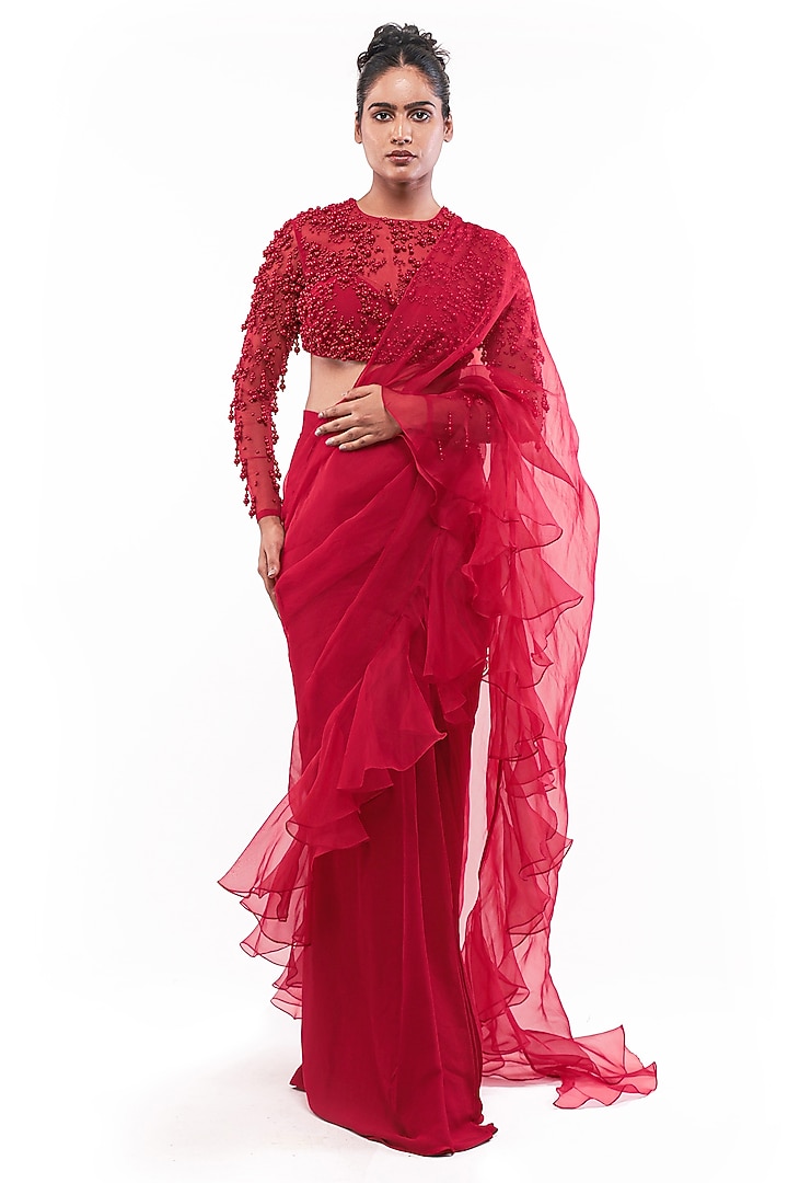 Red Silk Organza Pre-Draped Ruffled Wedding Saree Set by Bharat Adiani at Pernia's Pop Up Shop