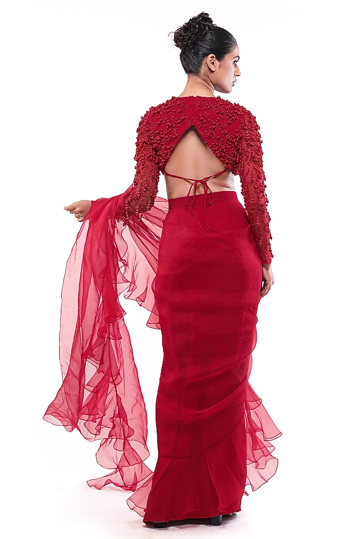 Red Silk Organza Pre-Draped Ruffled Wedding Saree Set by Bharat Adiani at Pernia's Pop Up Shop