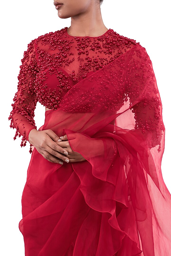 Red Silk Organza Pre-Draped Ruffled Wedding Saree Set by Bharat Adiani at Pernia's Pop Up Shop