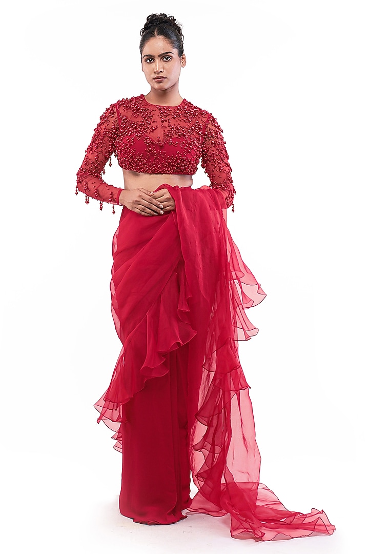 Red Silk Organza Pre-Draped Ruffled Wedding Saree Set by Bharat Adiani at Pernia's Pop Up Shop