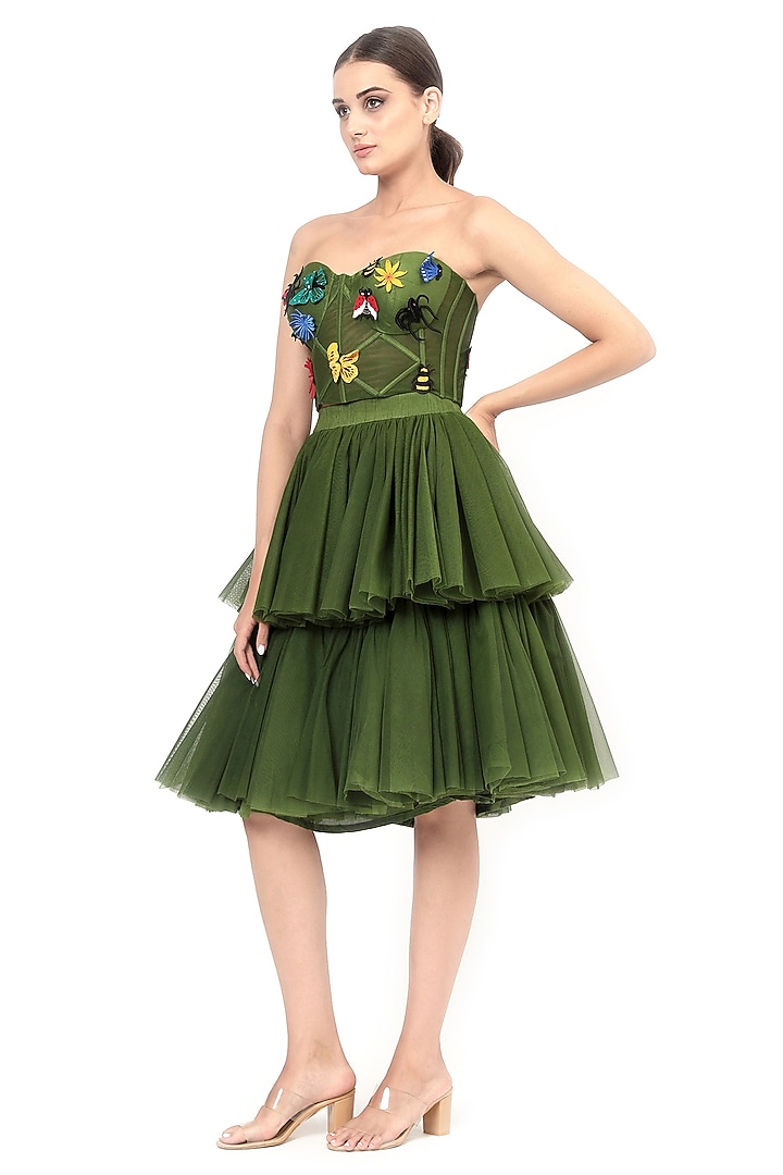 Green Dupion Silk Applique Embroidered Corset by Bharat Adiani at Pernia's Pop Up Shop