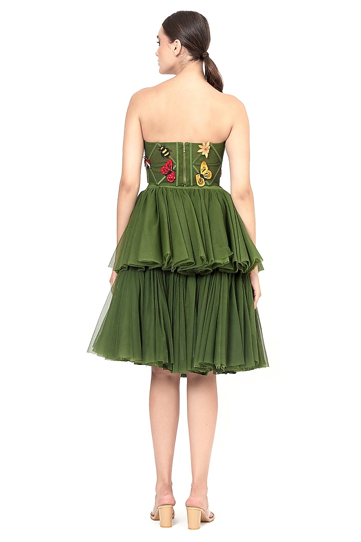 Green Dupion Silk Applique Embroidered Corset by Bharat Adiani at Pernia's Pop Up Shop