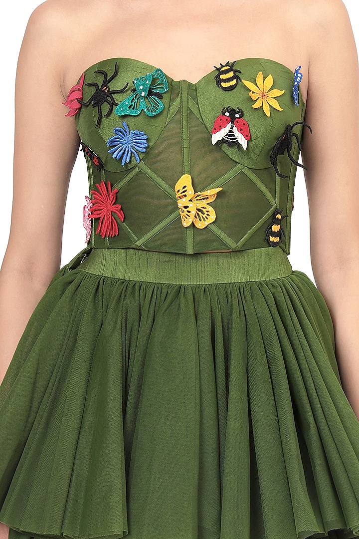 Green Dupion Silk Applique Embroidered Corset by Bharat Adiani at Pernia's Pop Up Shop