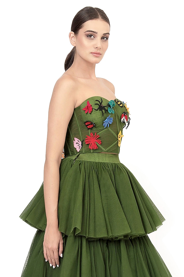 Green Dupion Silk Applique Embroidered Corset by Bharat Adiani at Pernia's Pop Up Shop
