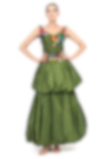 Green Dupion Silk Applique Embroidered Sleeveless Corset by Bharat Adiani at Pernia's Pop Up Shop
