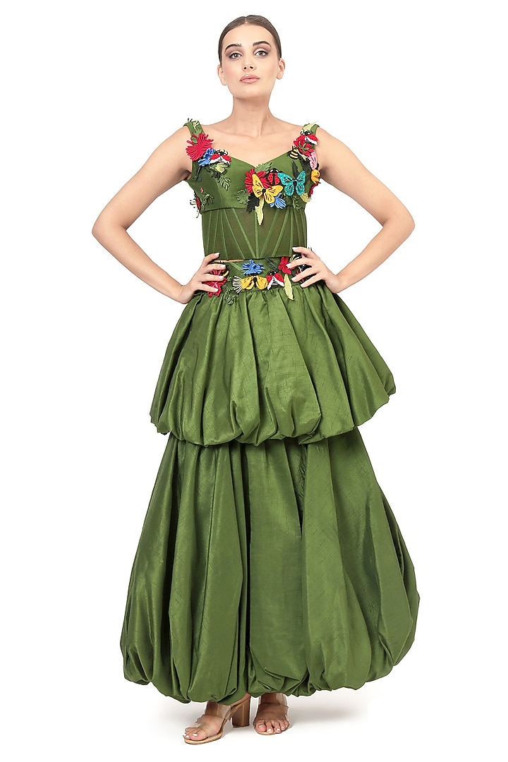 Green Dupion Silk Applique Embroidered Sleeveless Corset by Bharat Adiani at Pernia's Pop Up Shop