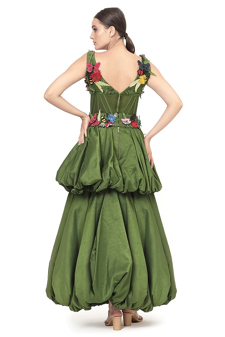 Green Dupion Silk Applique Embroidered Sleeveless Corset by Bharat Adiani at Pernia's Pop Up Shop