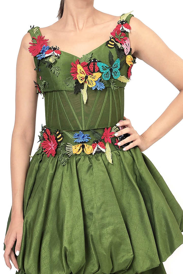 Green Dupion Silk Applique Embroidered Sleeveless Corset by Bharat Adiani at Pernia's Pop Up Shop