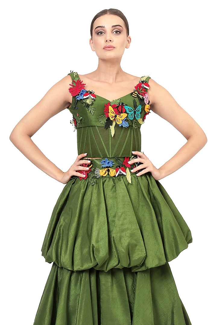 Green Dupion Silk Applique Embroidered Sleeveless Corset by Bharat Adiani at Pernia's Pop Up Shop