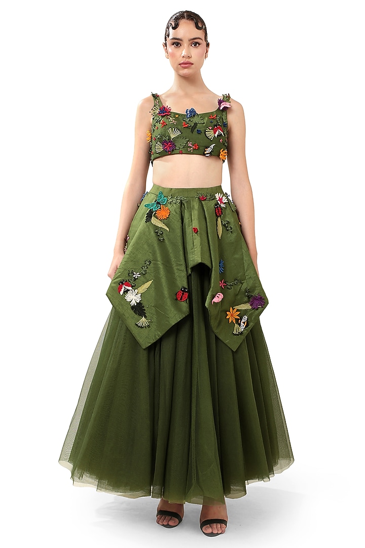 Green Dupion Silk Applique Embroidered Crop Top by Bharat Adiani at Pernia's Pop Up Shop