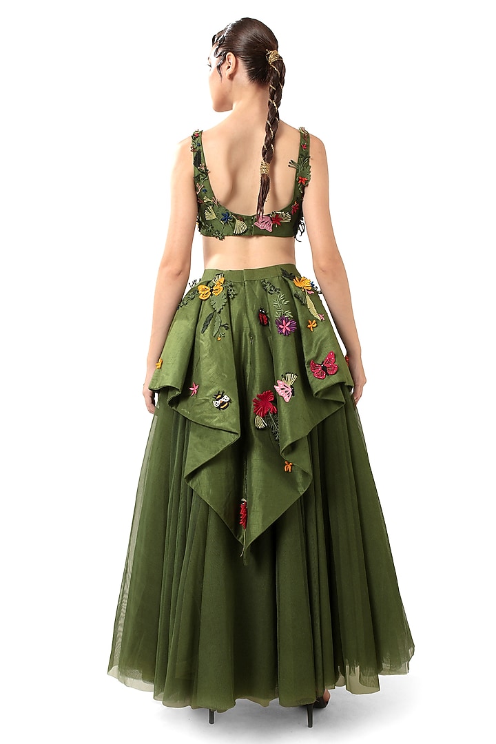 Green Dupion Silk Applique Embroidered Crop Top by Bharat Adiani at Pernia's Pop Up Shop