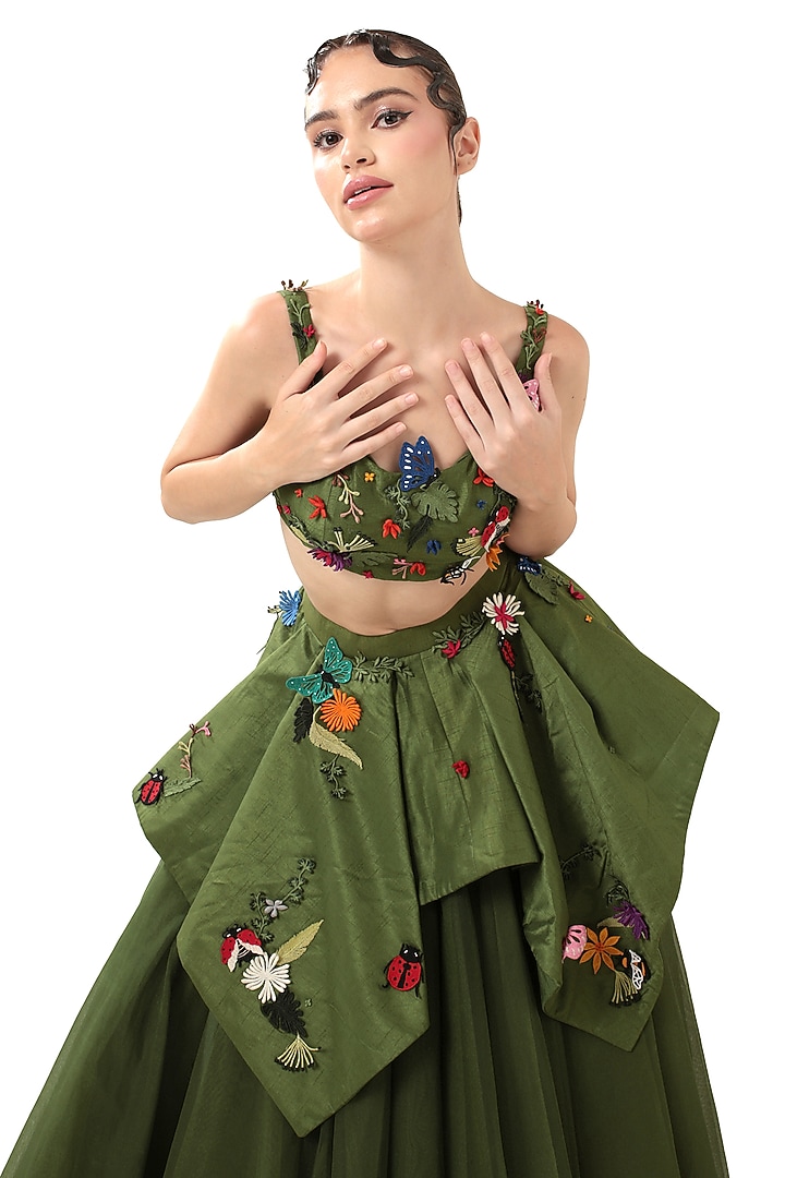 Green Dupion Silk Applique Embroidered Crop Top by Bharat Adiani at Pernia's Pop Up Shop