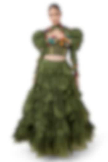 Green Dupion Silk Applique Embroidered Corset Top by Bharat Adiani at Pernia's Pop Up Shop