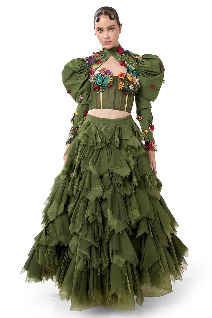 Green Dupion Silk Applique Embroidered Corset Top by Bharat Adiani at Pernia's Pop Up Shop