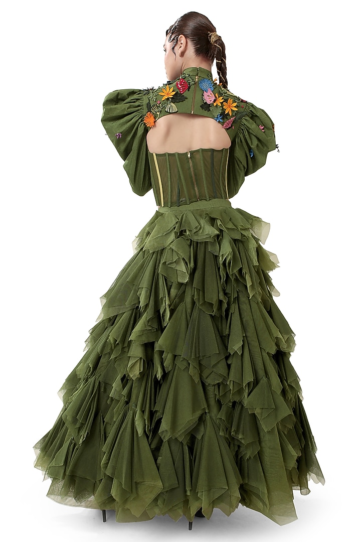 Green Dupion Silk Applique Embroidered Corset Top by Bharat Adiani at Pernia's Pop Up Shop