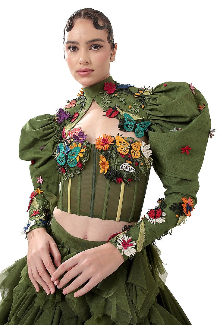 Green Dupion Silk Applique Embroidered Corset Top by Bharat Adiani at Pernia's Pop Up Shop